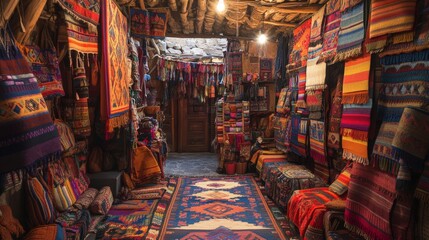 Fototapeta premium Vibrant and colorful interior of a traditional market stall filled with handcrafted textiles and rugs