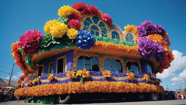 Mardi Gras parade float with vibrant flowers against blue sky
