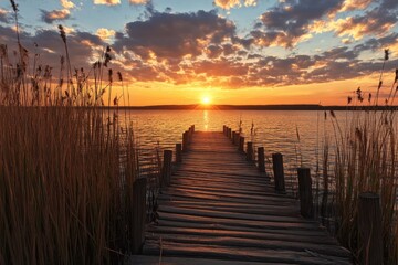 Fototapeta premium Wooden dock leading into the sunset over a calm lake.