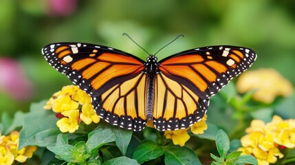 Naklejka premium Discover the beauty of monarch butterflies as they gracefully land on vibrant flowers