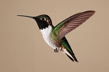 Naklejka premium Mesmerizing Close-Up of a Black-Capped Hummingbird in Flight on a Neutral Background