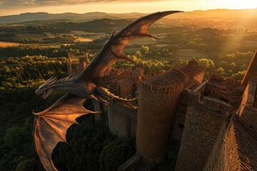 Fototapeta premium Majestic dragon soaring over a medieval castle at sunset