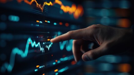 A hand pointing at financial data displayed on a screen, showcasing vibrant charts and market trends in a digital interface.
