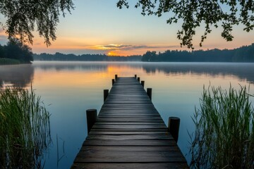 Fototapeta premium Wooden dock leading out to a lake at sunrise.