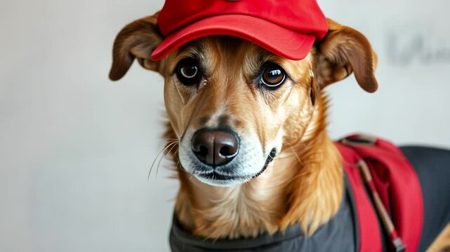 Dog in Red Cap: A close-up portrait of a cute brown dog wearing a red baseball cap, capturing its playful and endearing personality. Its big.