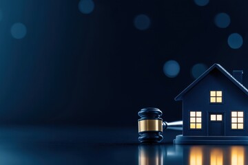 A miniature house next to a gavel on a dark background, symbolizing real estate, law, and property transactions.