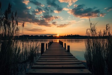 Wooden dock leading to a lake at sunset.