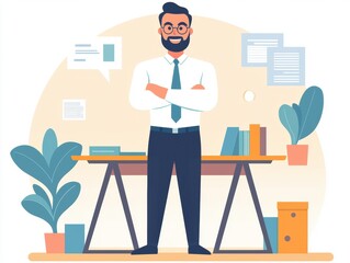 Confident man standing in modern office with plants.