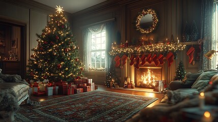 Fototapeta premium Inviting Christmas living room scene, traditional tree adorned with red and green ornaments, stockings on the mantel, fairy lights illuminating the space, cozy fireplace,