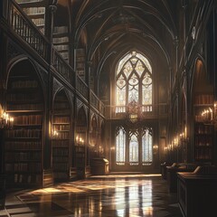 Fototapeta premium Majestic gothic library interior with stained glass windows and ornate bookshelves