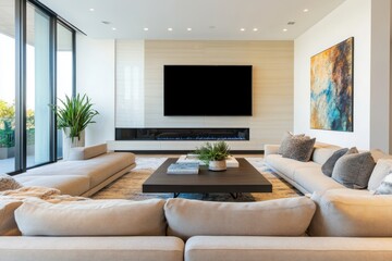 A cozy living room with a large TV, white sofas, and wide glass windows. The space is bright and airy, adorned with plants, creating a peaceful, modern atmosphere.