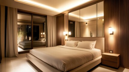 Fototapeta premium Elegant and modern hotel bedroom interior with large bed, mirrored closet, and warm lighting