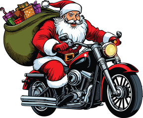Santa riding a Harley with a sack of gifts behind him