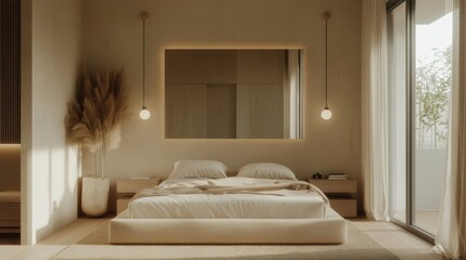 Fototapeta premium Cozy and inviting bedroom interior with warm lighting and natural elements