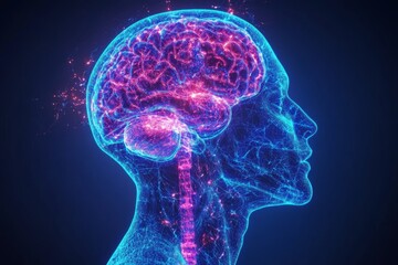 Human Brain Anatomy Wireframe with Glowing Connections