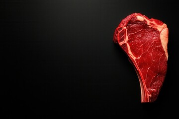 A close-up of a raw, marbled beef steak on a dark surface, showcasing its vibrant red color and natural texture.