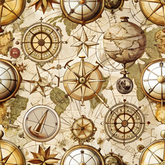 Fototapeta premium Travel-Inspired Vintage Seamless Pattern, Maps and Compasses. Perfect for: Travel Themed Events, Vintage Explorations