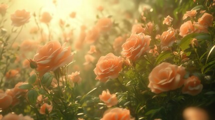 Obraz premium Soft focus image of blooming orange roses in a garden