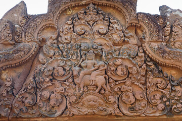 Bas-relief Sculpture at Banteay Srei temple Siem Reap, Cambodia.