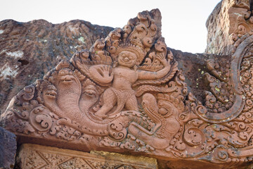 Bas-relief Sculpture at Banteay Srei temple Siem Reap, Cambodia.