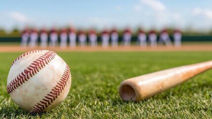 A close-up of a baseball and bat on the grass, with a team lined up in the background. Captures the essence of teamwork and athletic spirit.