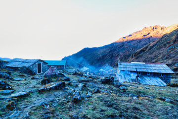 Hamlet of Tuli Kharka,4100 m, at the base of the Zatrwa La pass with tea houses for hikers and climbers crossing from Lukla to the Hinku River valley on the Mera Peak base camp trek,Himalayas,Nepal 