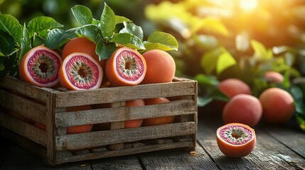 A wooden crate filled with ripe passion fruit, some cut open to reveal their vibrant interiors,  set against a backdrop of lush green foliage and warm sunlight.