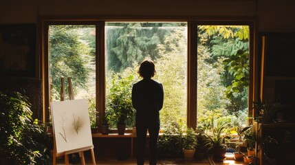 person silhouetted in window overlooking lush green forest