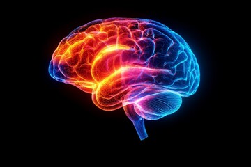 Human Brain Anatomy 3D Illustration with Glowing Red  Blue  and Pink Colors