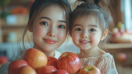 Fototapeta premium A young mother and her daughter smile and pose together holding a bowl of apples.