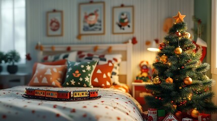 Naklejka premium Playful children's Christmas room, small decorated Christmas tree with colorful ornaments, toy train set circling the base, holiday-themed pillows and blankets on a cozy bed,