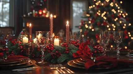 Romantic Christmas table setup, illuminated by candlelight, decorated with a garland of pine and red berries, elegant glassware, Christmas tree softly glowing behind, warm and inviting atmosphere,