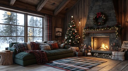 Rustic Christmas cabin scene, wooden interior with a roaring fireplace, decorated Christmas tree with handmade ornaments, plaid blanket and pillows on the sofa, warm and inviting ambiance,