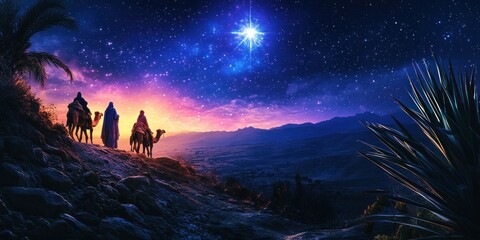 The mysterious night landscape of the desert. A bright star in the sky illuminates the path of the three Magi walking on camels.