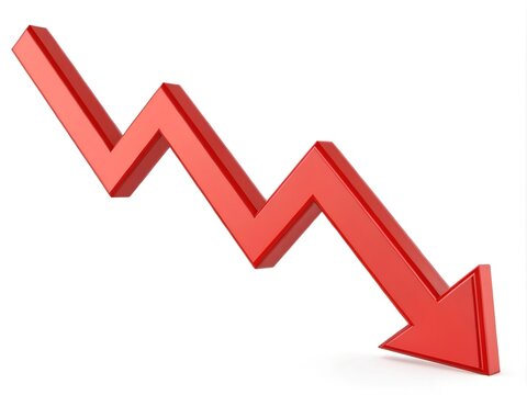 3D red downward arrow on financial graph, symbolizing decline and loss