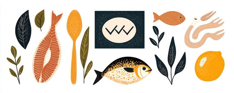 Whimsical illustration featuring various fish, seafood, and ingredients, perfect for culinary themes and food-related projects.