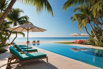 Tropical Pool Oasis with Comfortable Loungers and Umbrellas Amidst Lush Palm Trees by a Peaceful Beach
