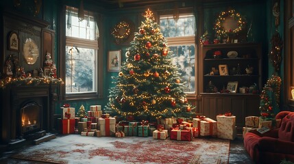 Vintage Christmas scene, classic tree with shiny baubles, tinsel garland, nostalgic decorations like old holiday cards and gifts wrapped in vintage paper, cozy and inviting feel, warm ambient light,