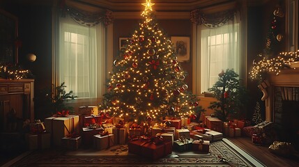 Vintage Christmas scene, classic tree with shiny baubles, tinsel garland, nostalgic decorations like old holiday cards and gifts wrapped in vintage paper, cozy and inviting feel, warm ambient light,