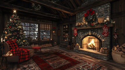 Obraz premium Warm and rustic Christmas cabin interior, natural wood decor, roaring fire in a stone fireplace, Christmas tree with handmade decorations, plaid blanket draped over a chair, cozy holiday atmosphere,
