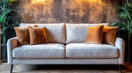 Modern Beige Sofa with Golden Cushions in a Stylish Living Room Setting