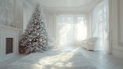Fototapeta premium White-themed Christmas interior, snowy tree adorned with delicate silver ornaments, fluffy white rug, bright and airy space, soft winter light filling the room, calm and elegant atmosphere,