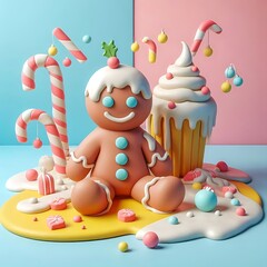 Obraz premium A playful 3D clay render of a gingerbread man, digital render. 3D Render Illustration. 