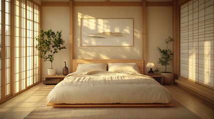 A bedroom with Japandi decor, featuring a warm beige palette, soft bedding, low-profile furniture, and organic materials, balancing Scandinavian warmth with Japanese minimalism --ar 16:9
