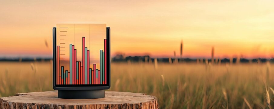 Investor research represented by a portfolio allocation chart on a sleek digital display against a peaceful field at dawn, symbolizing balanced, forward-thinking strategies