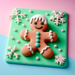 Naklejka premium A playful 3D clay render of a gingerbread man, digital render. 3D Render Illustration. 