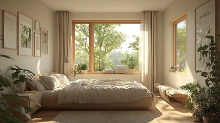 A bright and airy Scandinavian bedroom with soft white walls, a light oak bed, neutral textiles, and natural textures, warm sunlight enhancing the simple, elegant style --ar 16:9