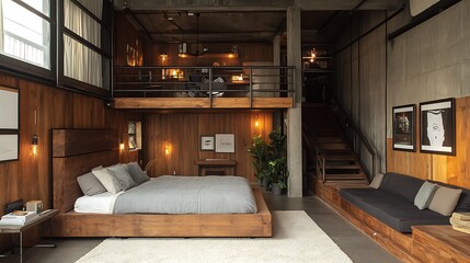 A chic, cozy loft bedroom with a raised sleeping area, modern wood paneling, and industrial decor elements, smart furniture choices creating an efficient, open layout --ar 16:9