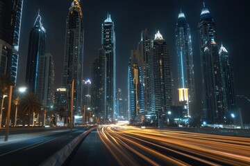 Fototapeta premium Stunning night skyline of a modern city with skyscrapers and blurred traffic lights