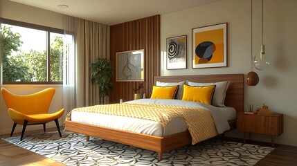 A cozy bedroom with mid-century modern elements, including a walnut headboard, geometric patterns, mustard yellow throw pillows, and a vibrant accent chair, creating a warm,